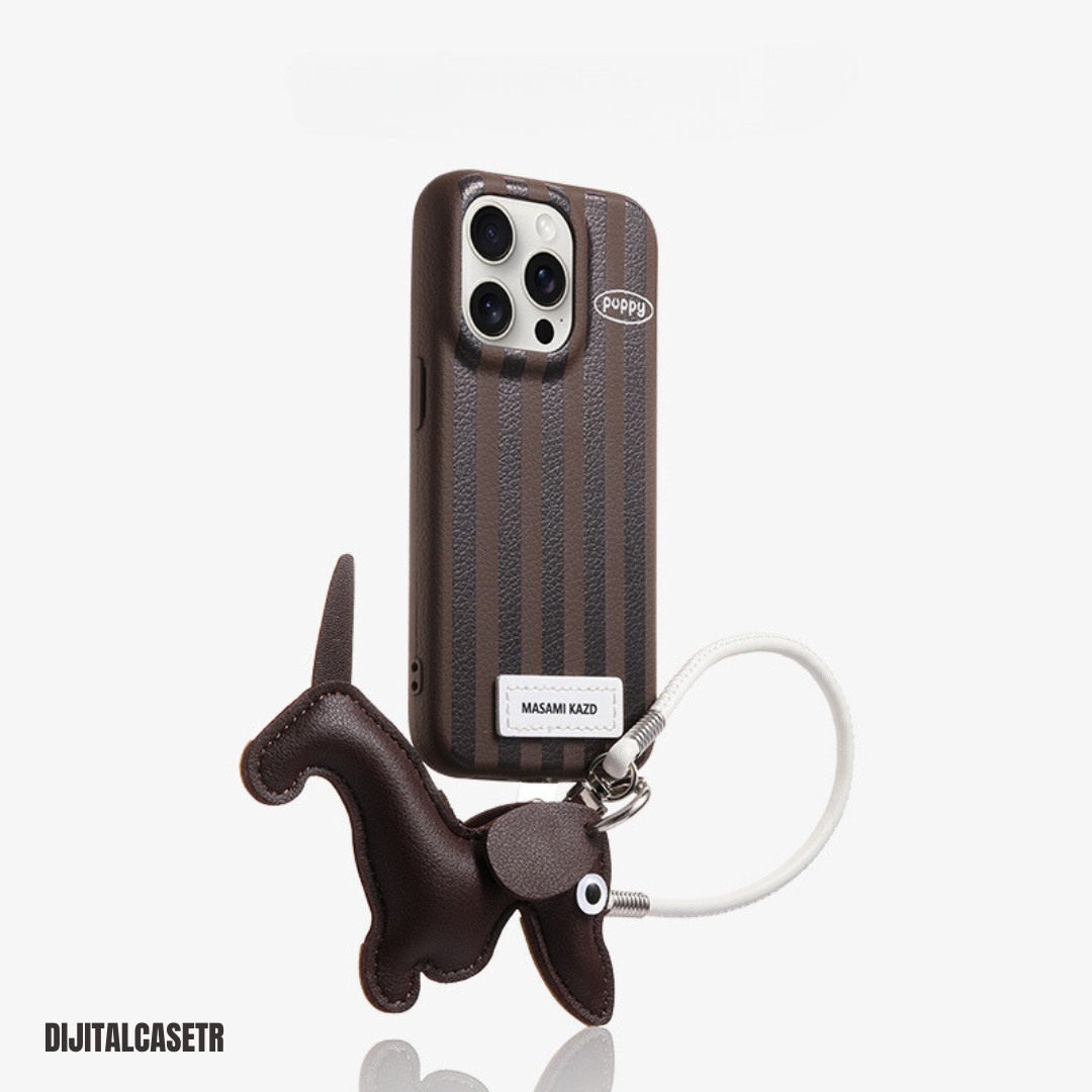 iPhone Kordon Series | Ekose Dachshund Dog Charm Deri Kılıfı