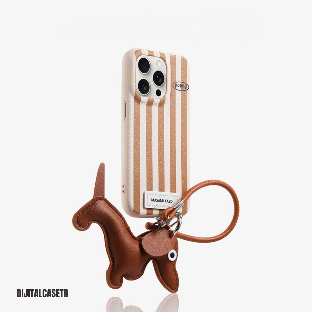 iPhone Kordon Series | Ekose Dachshund Dog Charm Deri Kılıfı