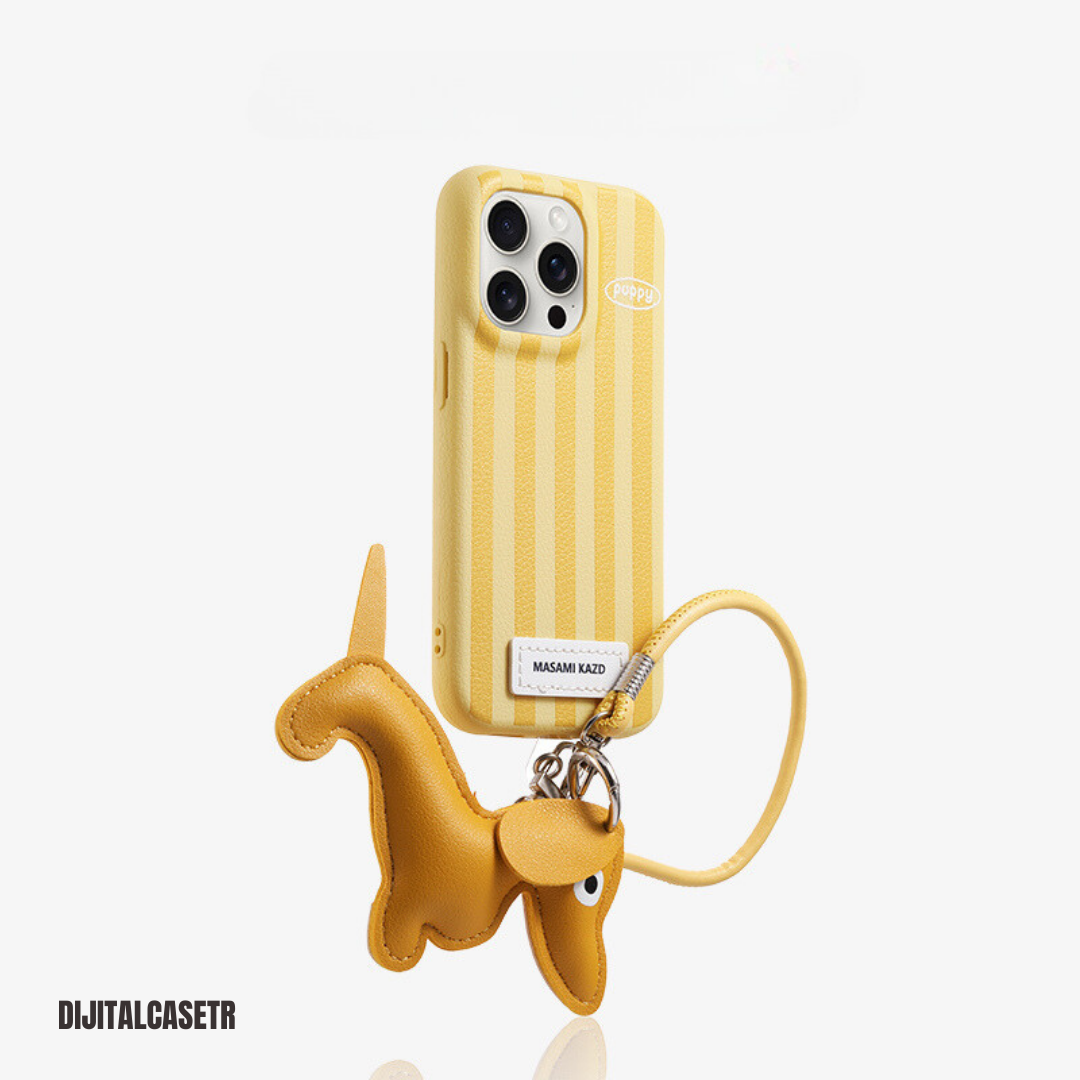 iPhone Kordon Series | Ekose Dachshund Dog Charm Deri Kılıfı