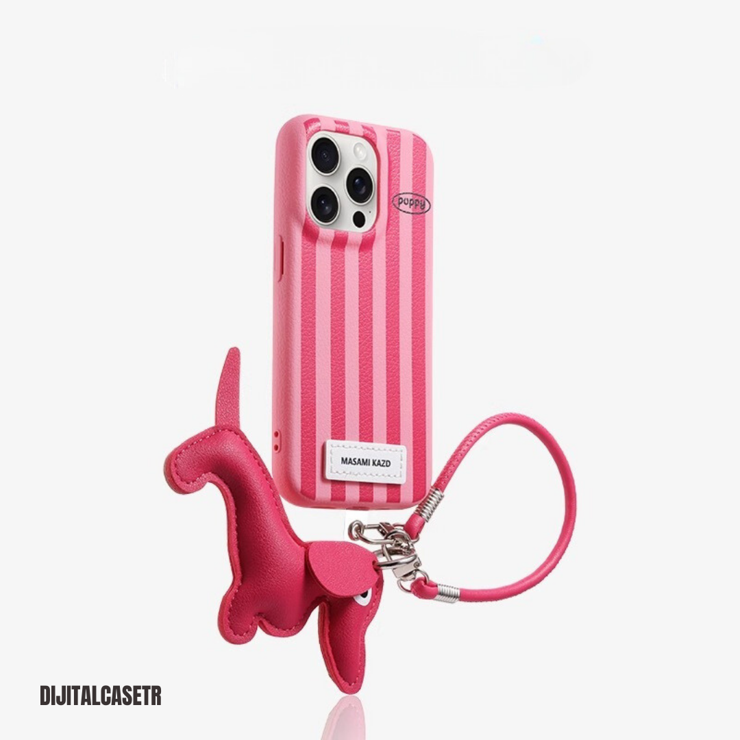 iPhone Kordon Series | Ekose Dachshund Dog Charm Deri Kılıfı