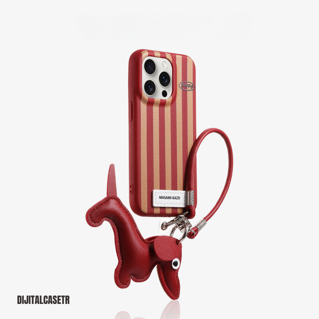 iPhone Kordon Series | Ekose Dachshund Dog Charm Deri Kılıfı
