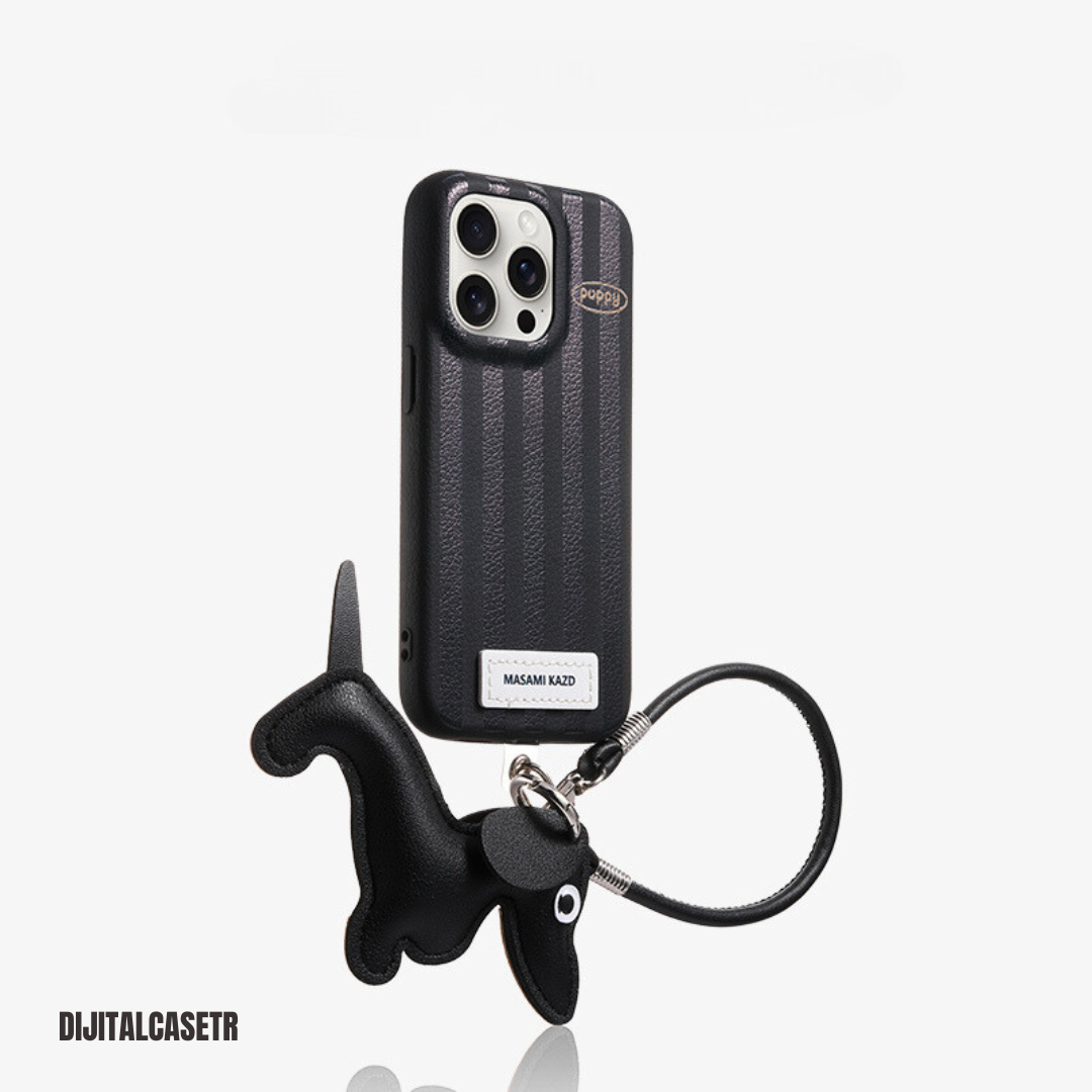 iPhone Kordon Series | Ekose Dachshund Dog Charm Deri Kılıfı